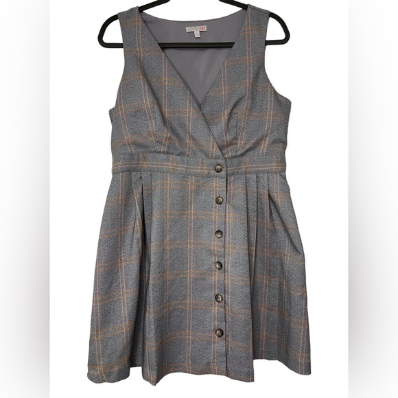 GB Gianni Bini Windowpane Plaid Wrap Button Down Mini Dress in Gray and Orange - Picture 1 of 7